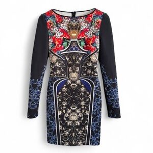 CLOVER CANYON BAROQUE EGG LONG SLEEVED STRAIGHT BLUE RED SHEATH DRESS SZ S